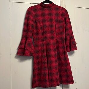 Retro Junior's Double Ruffle Sleeve Mandarin Collar Red Black Plaid Small Dress